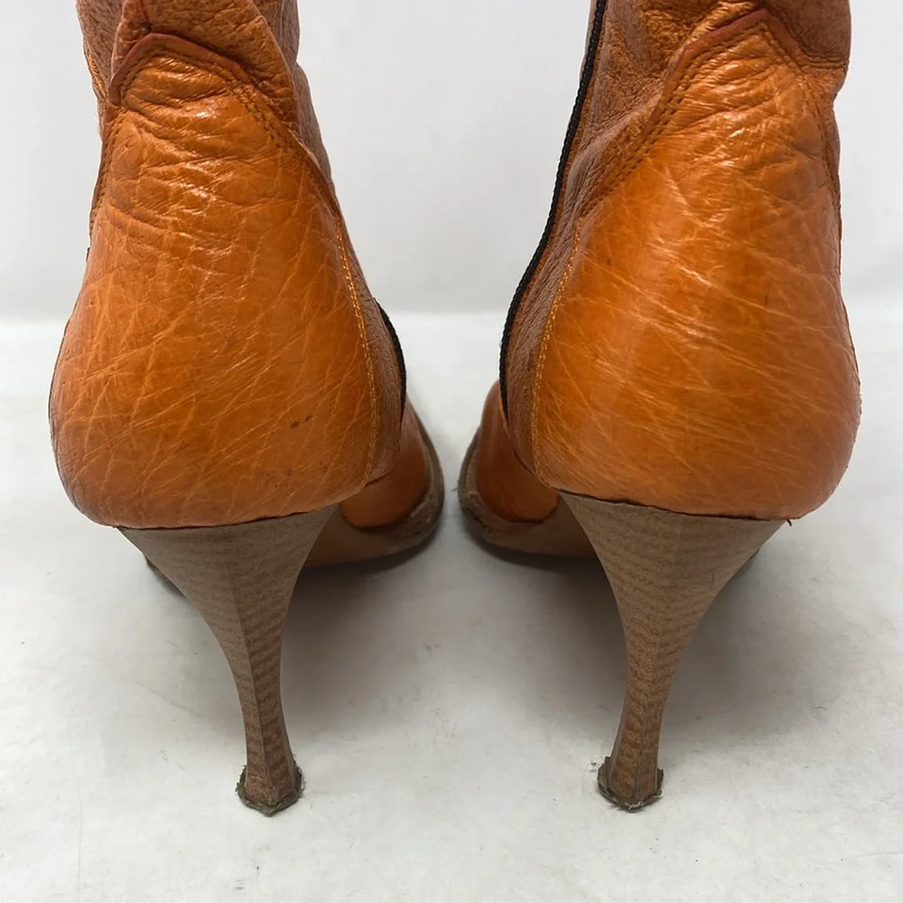 Lagarto Orange Yellow Embroidered Leather Point Toe Heeled Boots - Picture 5 of 12